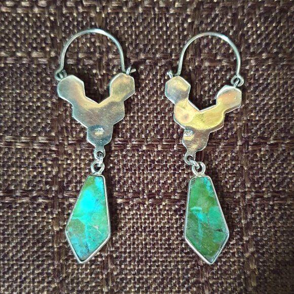 2'' Vintage Southwestern Genuine Turquoise 925 Sterling Silver Dangle Earrings - Picture 3 of 11